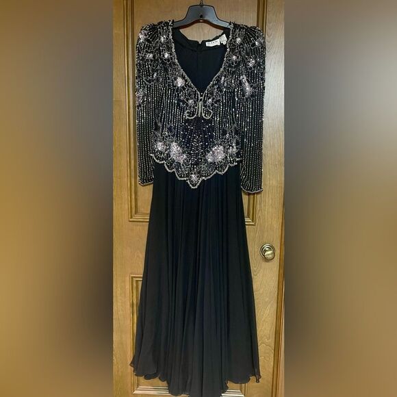 Silk Silver Gray Embellished Pleated Long Sleeve Gown - Picture 1 of 3